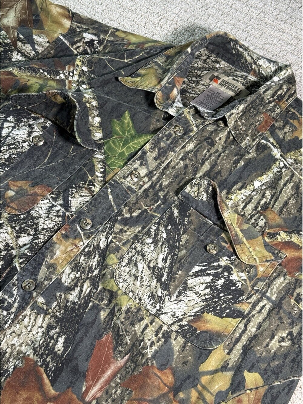 Russell Outdoors Shirt Mens XL Green Mossy Oak  Camo Short Sleeve Button